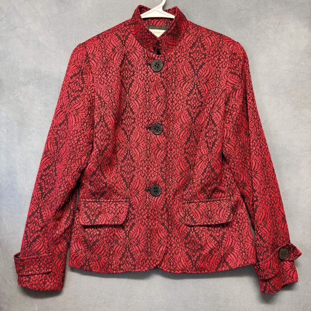 Coldwater Creek Jacquard Blazer Size 8 Red Black Wool Blend